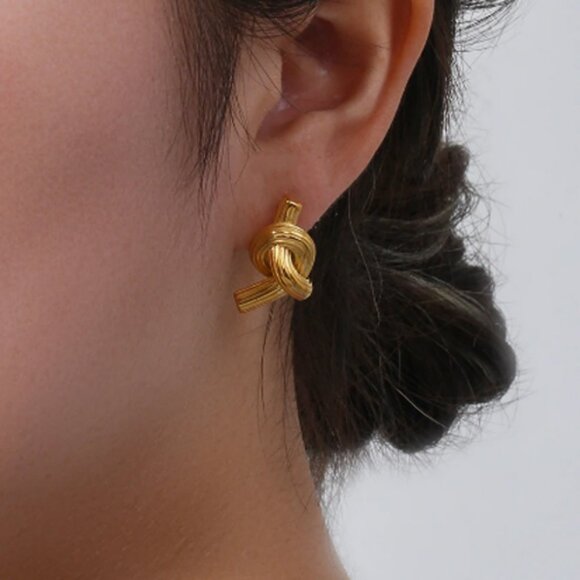 Stainless Steel Texture Knot Stud Earrings 18K Gold Plated - Picture 3 of 4